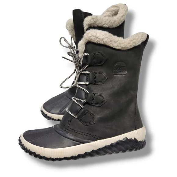 Sorel Out and About Plus Tall Boots Black White Waterproof Fleece Lined 7.5 - Picture 2 of 12